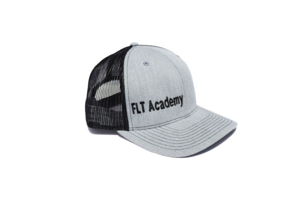 FLT Academy hat. Gray front with black back.