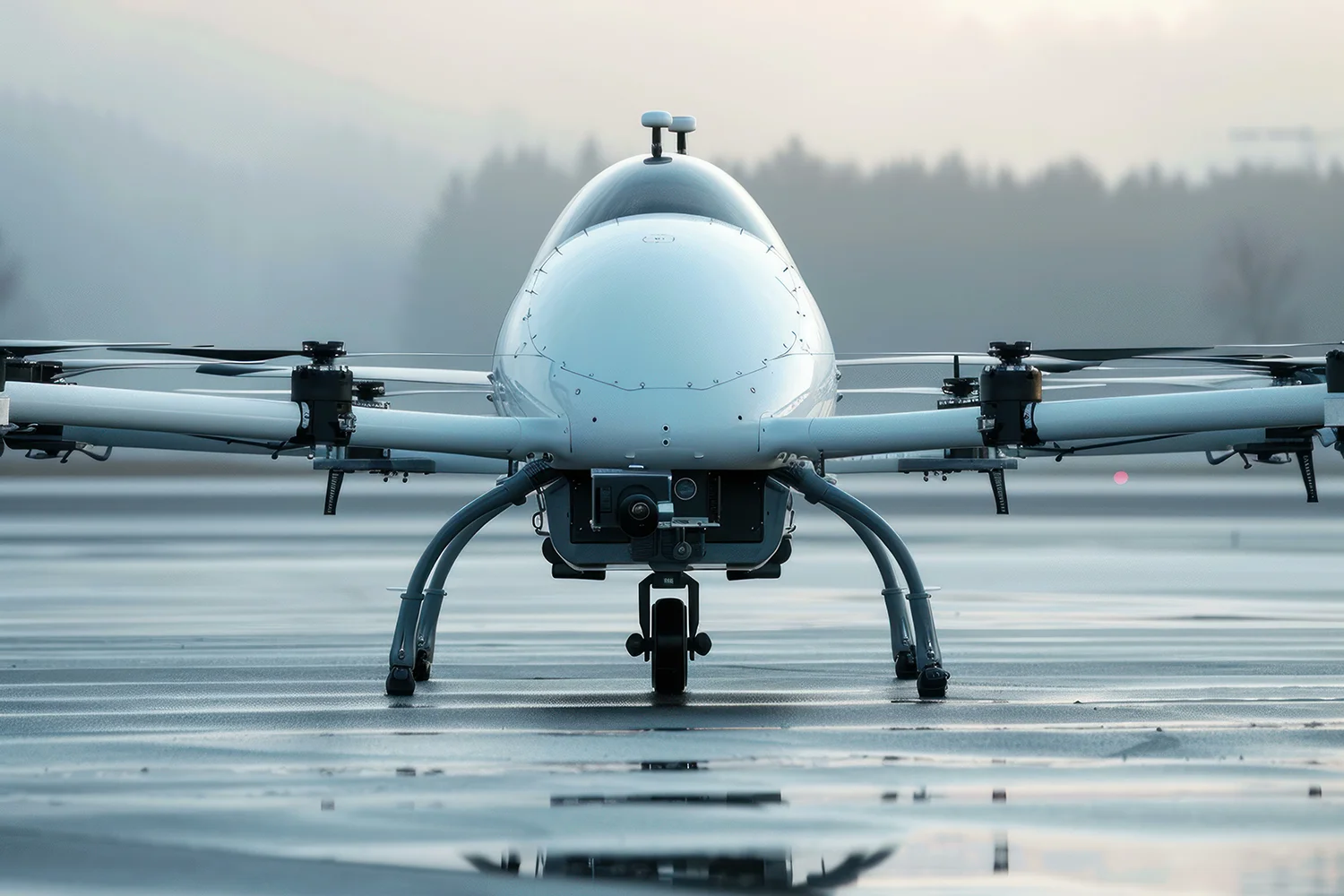 Autonomous passenger drone with eight rotors is standing on a wet runway after landing