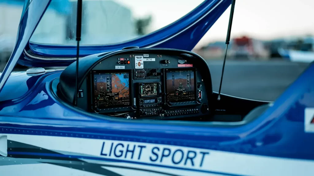 Cockpit of a small aircraft while grounded.